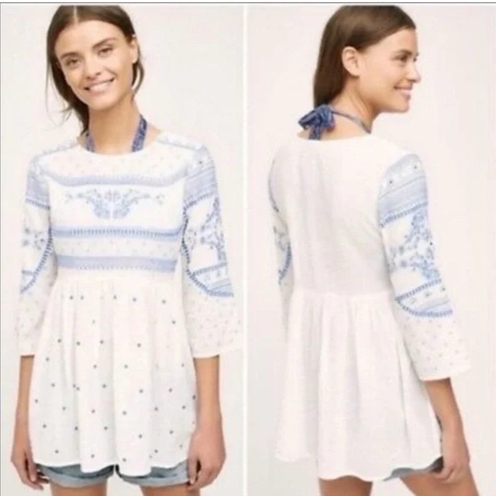 Anthropologie White and Blue Peplum Blouse with Bib Collar